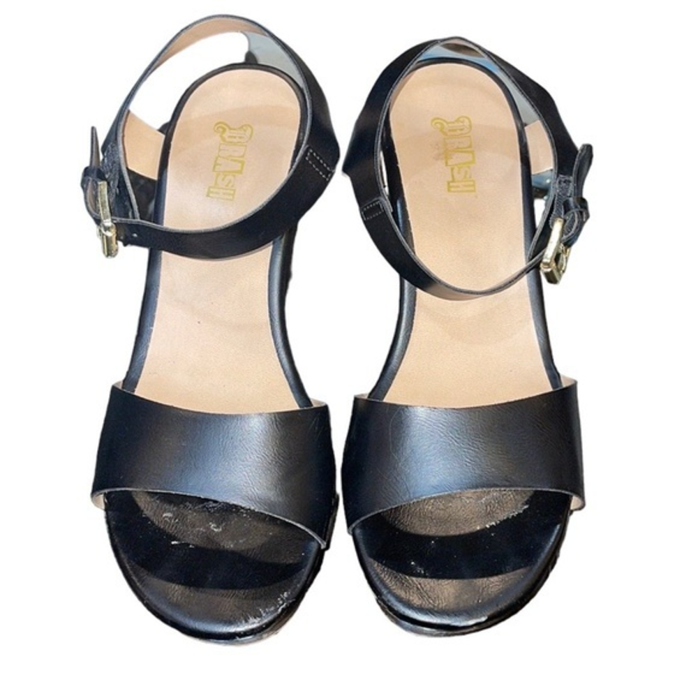 BRASH Black Open Toe Block Wooden Heels Size 8.5 Faux Leather